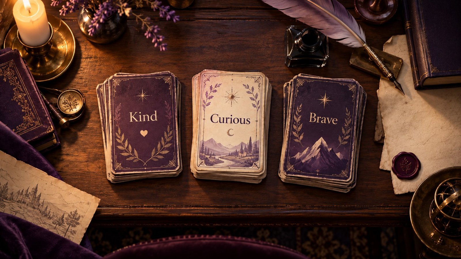 Three decks of cards, Kind, Curious and Brave, on an old wooden desk lit by a candle, with a quill, an inkwell, books and a sealed letter.