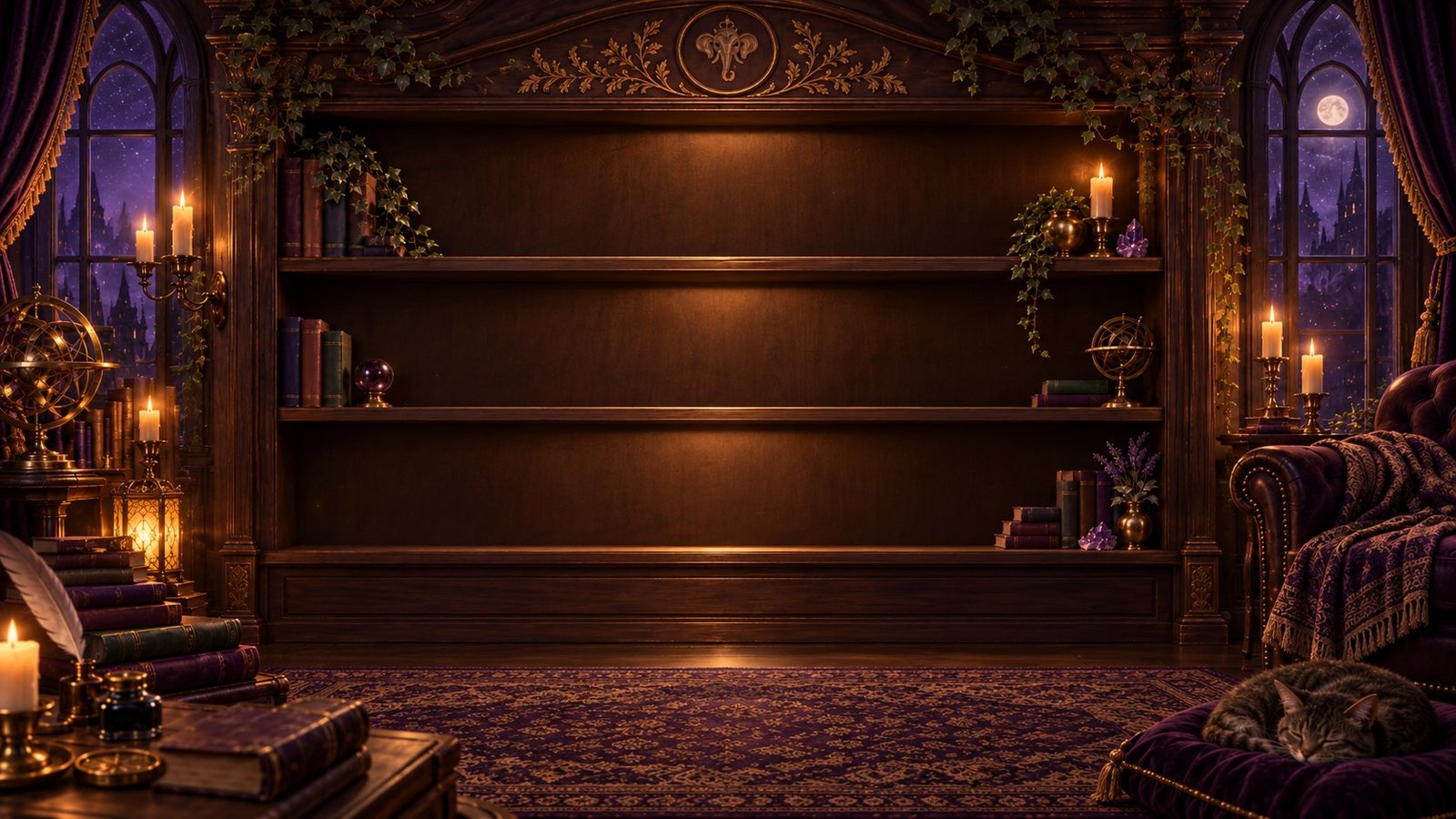 A candlelit library at night: a carved wooden bookcase with an elephant crest, a moonlit window, an armchair and a sleeping cat.